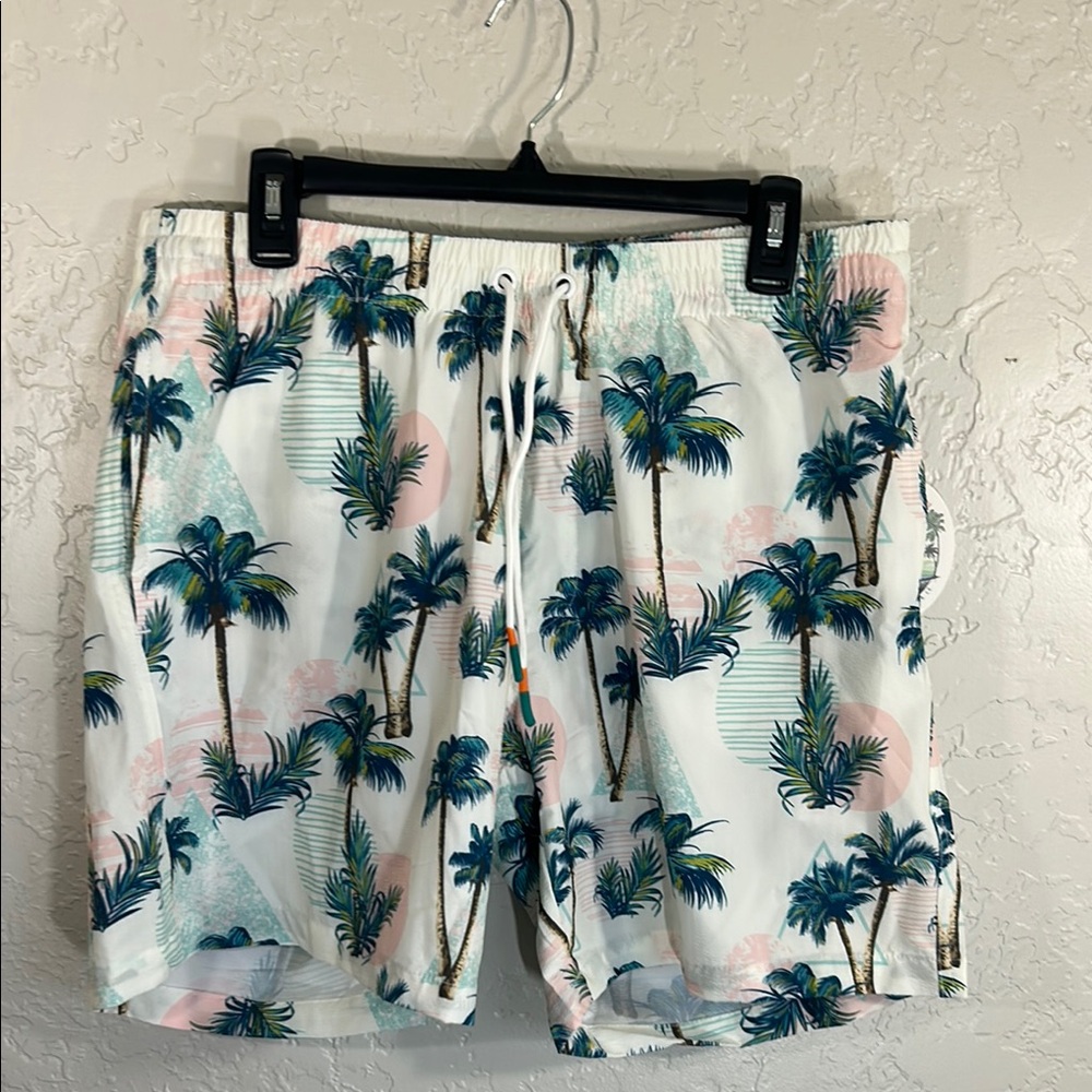 White and Blue Palm Tree Swim Trunks with Relaxed Fit